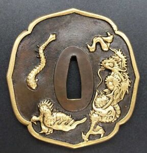 Tsuba Japanese Sword Guard Dragon Engraved Iron Inlaying Vintage From Japan