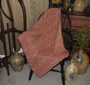 Primitive Antique Vtg Style Red Green Cotton Woven 32 Coverlet Square Rq22rgss