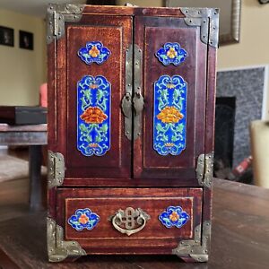 Chinese Wood Jewelry Box Cabinet With Blue Enamel Cloisonn Panels 5 Drawers