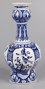 Large Antique 19th Century Dutch Delft Boch Keramis Bird Floral Knobble Vase
