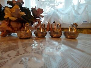 Antique Swan Salt Dip With Spoons And Camphor Glass Inserts Cast Silver Plate 