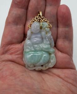 14k Gold Multicolor Lavender Jadeite Jade Sculpted Pierced Pendant Buddha