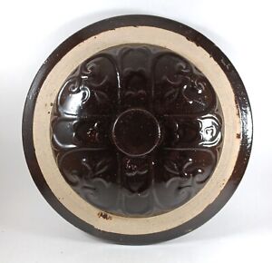 Antique Brown Stoneware Crock Lid Embossed Heart Pattern 10 