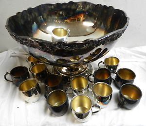 Vintage Towle Silverplate Footed Xxl Punch Bowl Grapes Floral Design W 14 Cups