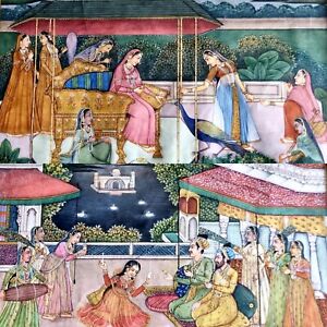 2 X Early 19thc Antique Indian Mughal Mogul Court Scene Miniature Paintings
