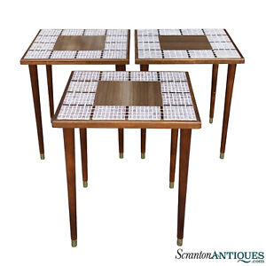 Mid Century Modern Mosaic Tile Top Side Tables Set Of 3