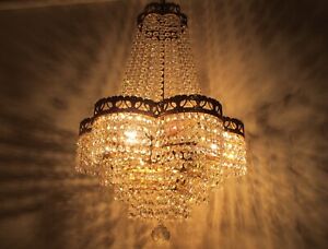 Antique French Huge Bohemia Crystal Chandelier Ceiling Lamp Light 1940s