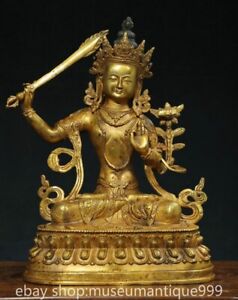 13 2 Old Chinese Copper Gilt Buddhism Wenshu Manjushri Wisdom Sword Statue