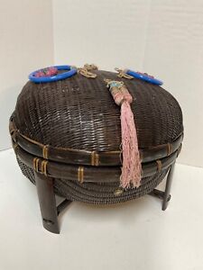 Antique Sewing Basket Large Footed Chinese With Peking Glass Rings Beads Tassels