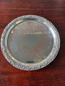 Vintage Silver Plate On Copper Butlers Tray Embossed And Engraved On Ball Feet
