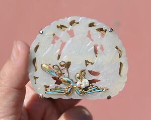 1900 S Chinese Kingfisher Feather Jade Plaque Pearl Bead Silver Brooch Pin Mk