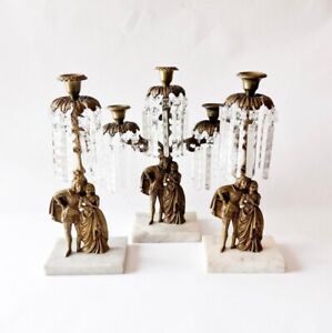 Romeo And Juliet Victorian Brass Candelabras With Hanging Cut Glass Crystals 