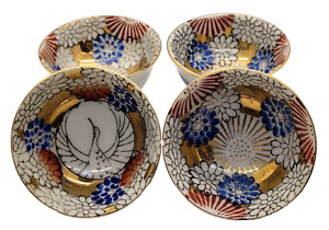 Set Of 4 Vintage Japanese Porcelain Sake Cup Pine Crane Floral Gold Trim