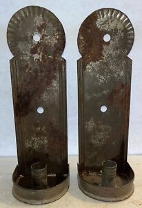 Pair Of Antique Crimped Tin Primitive Wall Sconce Candle Holders Connecticut