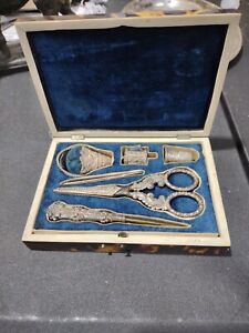 Victorian Sterling Silver Sewing Kit W Thimble Scissors Needle Case Awl Case