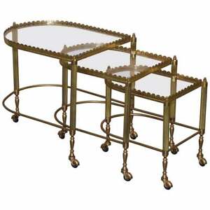 Nest Of Three Brass Glass Trolley Tables By Maison Bagues France Mid Century