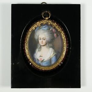 Antique French Miniature Portrait Painting Gilt Bronze Garnet Jeweled Frame