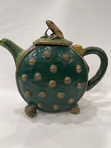 Chinese Cloisonne Enamel Brass Painted Lotus Flower Teapot Frog Top Vintage Rare