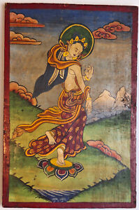 Tibetan Buddha Hand Painted Wooden Panel Antique Nepal Himalayan Asian Art Tara