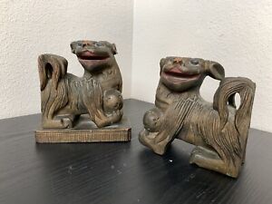 2 Antique Chinese Foo Dogs Sculpture Wood Carving Vintage Bookends 1