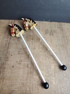 2 Vintage Wood Stick Horse Pony Toys 11 Inch Primitive Hand Carved Hand Painted