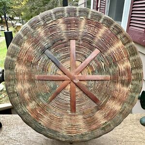 Antique 10 Round Hand Painted Primitive Country Woven Wicker Wood Basket Bowl