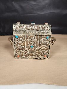 Ornate Bronze White Metal Turquoise Tibetan Pouch Box