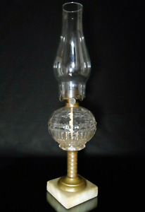 Late 19th C P A Eagle Antique Glass Kerosene Lamp W Brass Stem Sq Marble Base