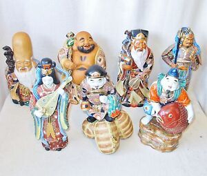 Big Set Of Japanese Satsuma Style Moriage 7 Lucky Gods Porcelain Statues 12 8 