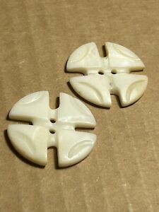 Pair Antique Carved Shell White Big Iron Cross Buttons Rare Cream Sewing Crafts