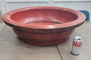 Massive Old Chinese Red Lacquer Wooden Wash Basin Bowl 30 Across X 8 High