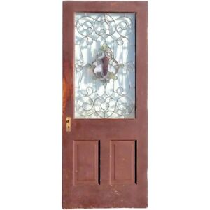 Antique American Stained Beveled Zinc Leaded Glass Pine Single Door