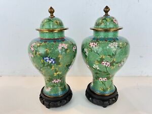 Antique Chinese Cloisonn Pair Of Lidded Urns With Green Floral Decorations