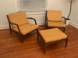 Kofod Larsen For Selig Mid Century Danish Lounge Chairs And Foot Stool