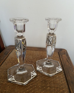Vintage Sterling Silver Overlay Pressed Glass Candlesticks