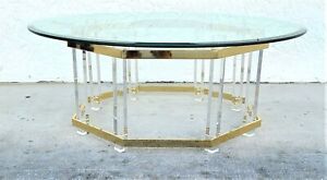 Charles Hollis Jones Mid Century Brass Lucite Glass Octagonal Coffee Table