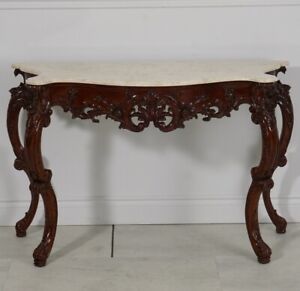 Louis French Wall Console Server Mahogany Wood With Cream Marble Top