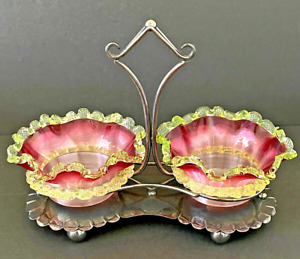 Stevens Williams Art Glass Double Sweetmeat Bowls With Silver Plated Holder