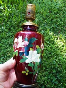 Vintage Japanes Cloisonne Red Pigeon Blood Table Lamp With Roses