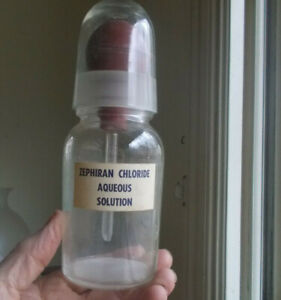 Zephiran Chloride Ground Neck Medicine Bottle With Glass Cover Bulb Syringe
