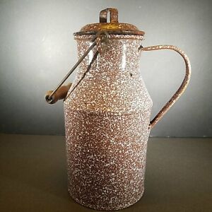 Antique Enameled Spatterware Brown Milk Jug 10 5 X 7 In 8 Cup Wood Handle