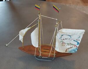 Vtg 1950s Handmade Wood Sailboat Model Linen Sails Cartagena Colombia Souvenir