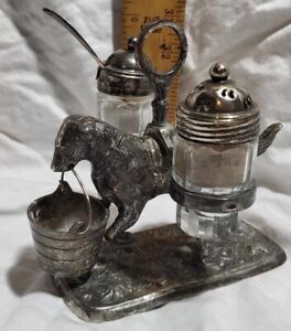 Antique Silverplate Condiment Figural Dog Set