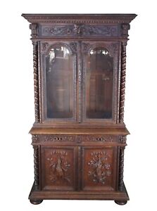 Antique 19th Century French Henry Ii Carved Oak Hunt Cabinet Bookcase Cupboard