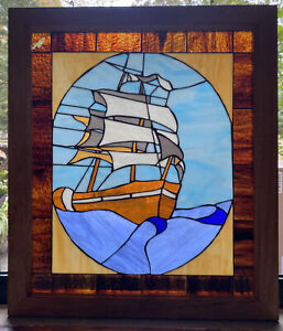 Vintage Leaded Stained Glass Window Clipper Ship Nautical 29 5 X25 5 