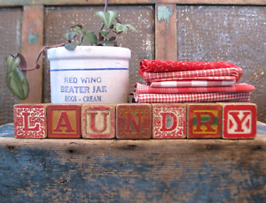 Lg Antique Wood Toy Alphabet Blocks Original Red Paint Spell Laundry