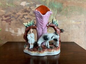 19th C English Staffordshire Pottery Figures Spill Vase C1870 Girl Milking