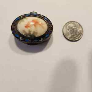 Vintage Fish Porcelain Silver Enamel Round Pill Snuff Trinket Box