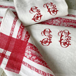 Vintage French Napkin With Red Banded Damask Gc Monogram Linen Cotton Towel 193