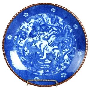 Antique Imari Meiji Blue White Porcelain Charger With Birds Circa 1910